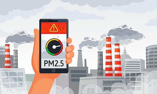 Air pollution alert. PM2.5 alerts meter smartphone notification, dirty air and dirty environment. Burning factory dangerous alert, fog danger protect application vector illustration