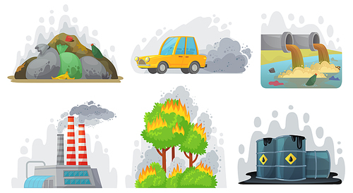 Environmental pollution. Contaminated air, industrial radioactive waste and ecological awareness. Waste problems or environment exhaust pollutions. Cartoon vector isolated icons illustration set