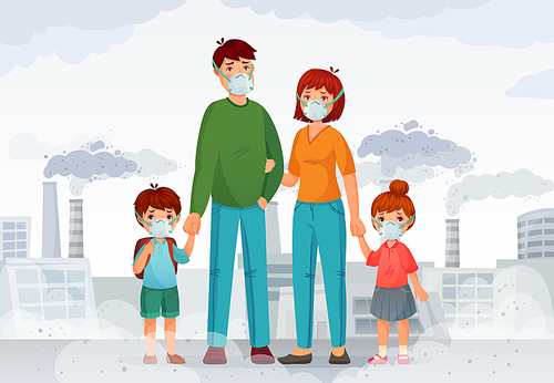 Family protection from contaminated air. People in protective N95 face masks, industry smoke and safe mask. Environment toxic gas pollution, nuclear factory danger cartoon vector illustration