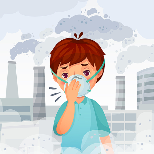 Boy wearing N95 mask. Dust PM 2.5 air pollution, young men breath protection and safe face mask. Fog danger, dirty smog or sick disease protect face mask cartoon vector illustration