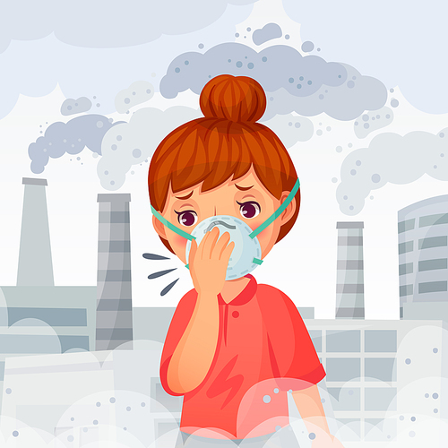 Girl wearing N95 mask. Young woman wear protect face masks, outdoor PM 2. 5 air pollution and breath protection. Health protective or air dust prevention face mask cartoon vector illustration
