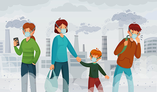 City air pollution. Smog pollutants, suffocation environment and passer in breathing masks. Environmental pollutants, character in smoke mask or factory polution fumes cartoon vector illustration