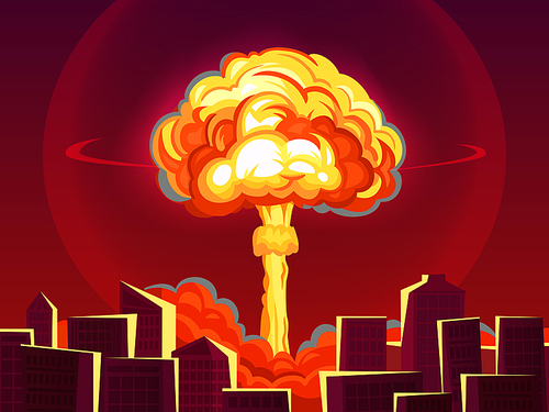 Nuclear explosion in city. Atomic bombing, bomb explosion fiery mushroom cloud and war destruction. Apocalipce detonation, dangerous destruction war technology comic cartoon vector illustration