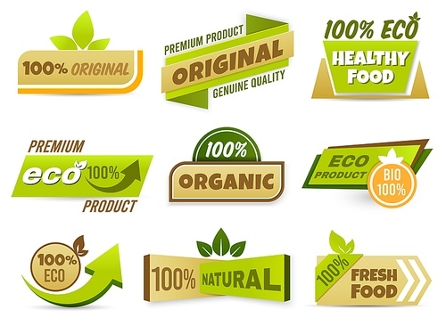 label banner. healthy food labels, eco bio product and natural organic emblem badges vector set. 100 percent genuine production tags collection. freshness and quality assurance stickers pack
