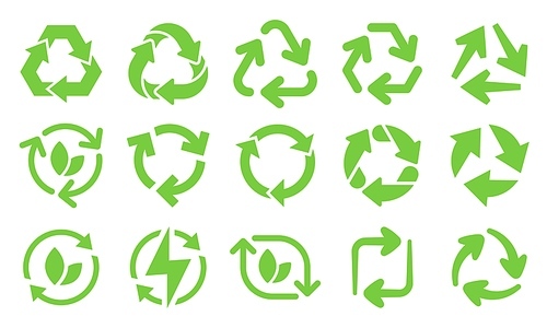 Green eco recycle arrows icons. Reload arrows, recyclable trash and ecological bio recycling icon vector set. recycling energy and environment protection symbols for product packing