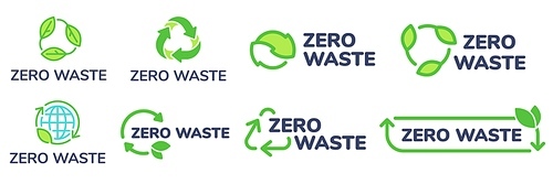 Zero waste labels. Green eco friendly label, reduce waste and recycle icon with plant leaves vector set. No plastic ecological protection logo with green recycling arrows signs