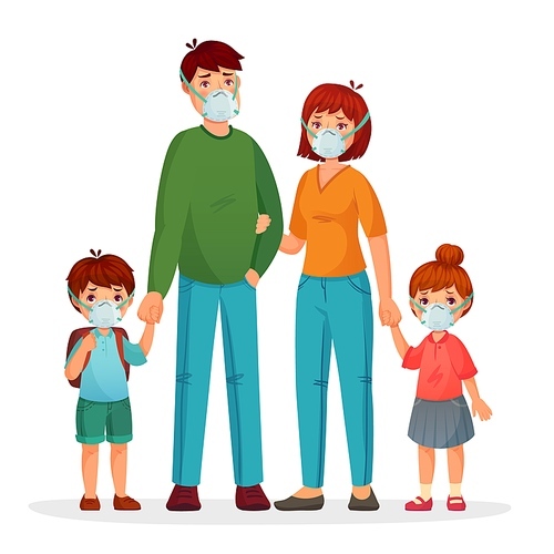 Family in protective face masks against pollution and coronavirus, health medical protective, woman man and children safety. Vector illustration