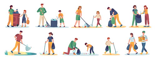 Volunteer collects trash. Men, women and children cleaning nature from garbage set. Isolated vector family picks up and sorting waste. Illustration volunteer people together collect rubbish