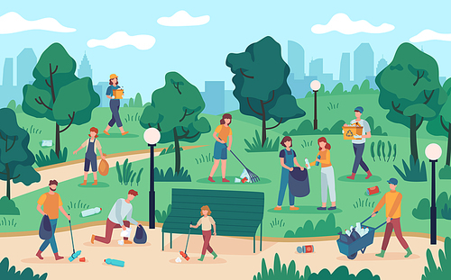 People cleaning park. Community team collecting rubbish from nature. Vector ecology volunteers protect environment from pollution. Ecology concept, rubbish and garbage collected volunteer illustration