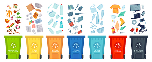 Waste segregation. Sorting garbage by material and type in colored trash cans. Garbage and trash, ecology rubbish recycling illustration