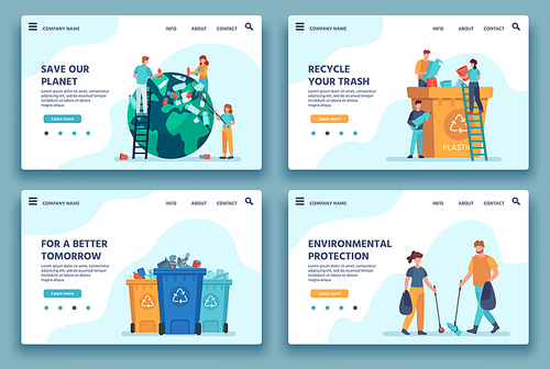 Recycling trash landing page. People collecting and sorting garbage for recycle. Eco lifestyle. Reduce environment pollution web site vector. Illustration collecting and sorting junk