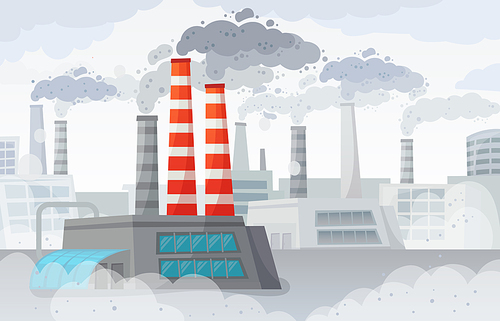 Factory air pollution. Polluted environment, industrial smog and industry smoke clouds. Environment carbon dioxide pollutions, toxic factories building fumes or dirty fuel smog vector illustration