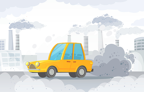 Car air pollution. City road smog, factories smoke and industrial carbon dioxide clouds. Vehicle toxic pollution, polluted air or environment car waste hazard cartoon vector illustration
