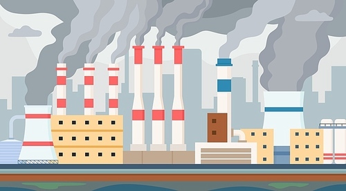Dirty factory. Air and water polluted by industrial smog. Factories chimney with toxic smoke pollute environment. Pollution vector concept. Manufacturing emission, chemical production
