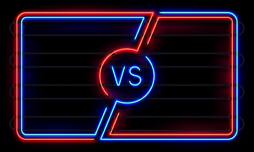 vs neon frame. sport battle glowing lines banner, vs duel boxing match fight vs sign defeat blue and red. sports fight team win game frames icon vector background