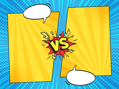 vs comic frame. vs comics book clash frames with cartoon text speech bubbles on halftone stripes background vector template. comic magazine funny poster