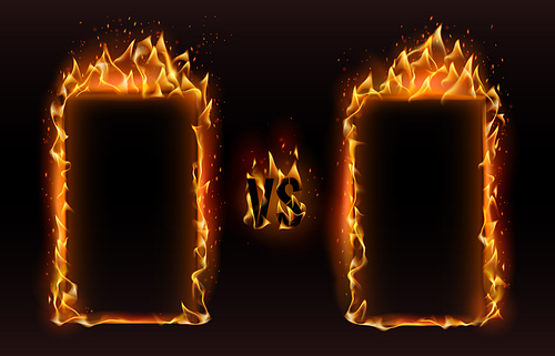 vs frames. fire vs frame, screen for boxing versus sports fight match challenge or fiery fire effects confrontation mma duel logo. championship competition frames vector illustration