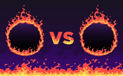 fire vs frame. sport challenges battle, flaming vs banner and fire flame frames vector illustration. competitive confrontation, championship fight title screen design with copyspace