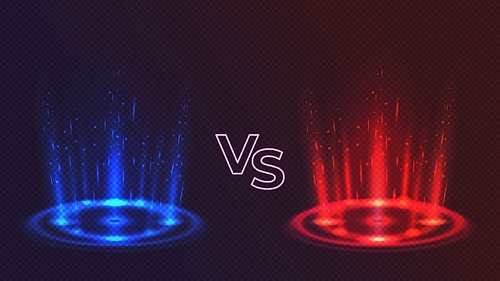 red vs blue glowing hologram podiums for game battle. realistic vs competition with light effect. magic portals for fight vector concept. illustration of versus hologram, game battle