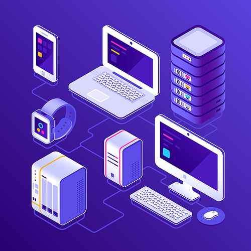 Hosting data server, pc, laptop computer, smart watch, NAS, smartphone or mobile phone. Devices for business isometric 3d vector illustration