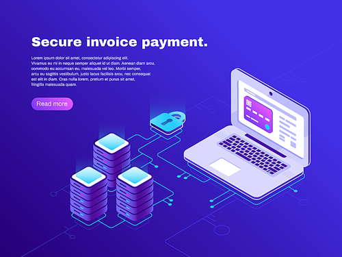 Electronic billing connection of laptop and database. Secure invoice payment. Electronics internet online financial tax transaction bill realistic 3d isometric vector concept on dark blue background