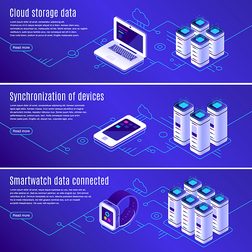 Isometric database. Computer, laptop and smartphone connected to cloud online data storage copy host recover mining. Secure access technology to hosting block chain backup vector banners set