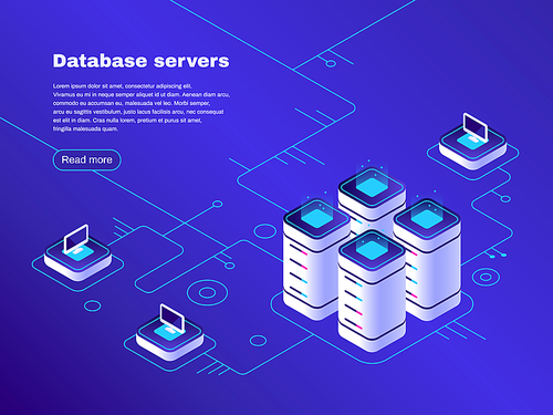 Database servers. Digital datacenter server security network host equipment. Hosting tech digital support infrastructure. Online cloud storage vector isometric illustration