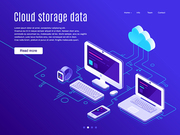 Cloud storage landing page. Synchronization clouds storages app and devices host, business data backup blue pc desktop and synchronize apps phone network storage concept vector illustration