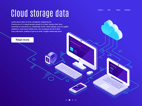 Cloud storage landing page. Synchronization clouds storages app and devices host, business data backup blue pc desktop and synchronize apps phone network storage concept vector illustration