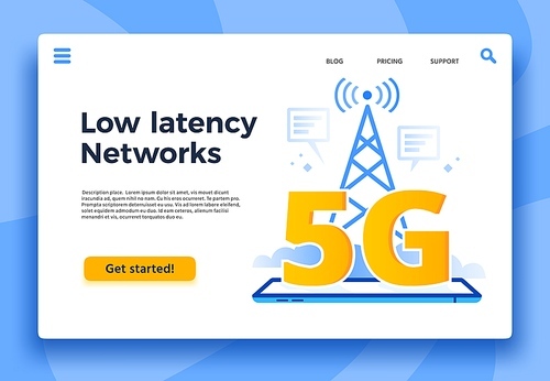 Mobile 5G landing page. Fast internet connection, low latency networks and communication network coverage. High speed lte iot internet, global wireless networking vector illustration