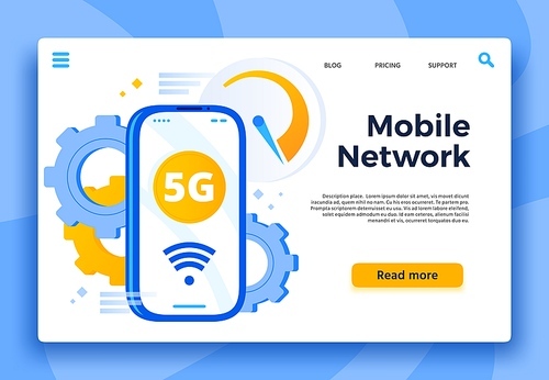 Mobile 5G network landing page. Communication system, cellular connection and fast internet for smartphone. Wireless wifi wave, global phone data lte connection technology vector illustration
