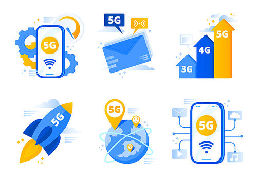 Network 5g. Fifth generation telecommunications, fast internet connection speed and low latency networks. High speed networking broadcasting. Vector illustration isolated icons set
