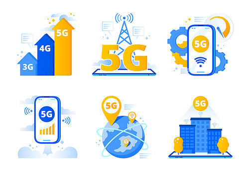 Mobile 5G network. City fast internet hotspot, wireless telecommunications and fifth generation networks. Telephone data wave, speed internet movie downloads. Vector isolated symbols illustration set
