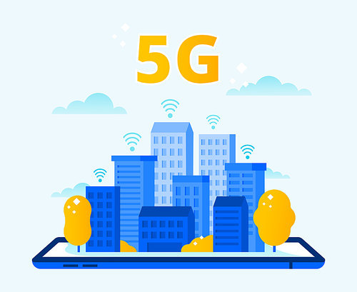 Network 5G coverage. City wireless internet, fifth generation networks and high speed urban 5G connection. Wireless telecommunication cell networking technology vector illustration