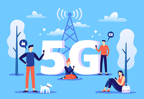 Mobile 5g connection. People with smartphones use high speed internet, fifth generation network and coverage zone. Smartphone telecommunication wave, phone wireless data connecting vector illustration