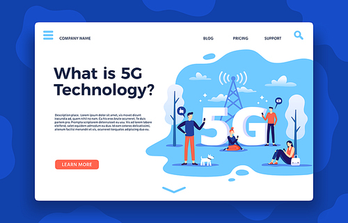 Network 5g landing page. Fast internet, wireless high speed connection and fifth generation networks. Cell telecommunication wifi broadcast data webpage vector illustration