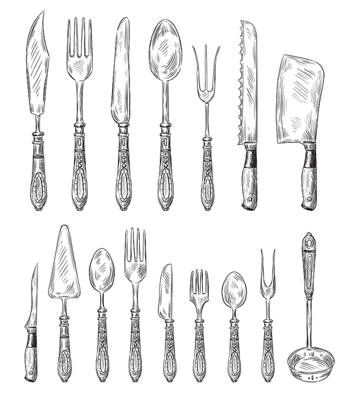 Hand drawn cutlery set. Vintage fork, food spoon and sketch dinner knife. Restaurant ink silver cutlery, dinner meal utensil doodle sketch vector illustration isolated icons set