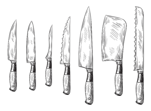 Hand drawn dinner knife. Vintage chef knives, engraved kitchen knife. Antique engraving food cutlery, restaurant dinner silver knifes utensil. Isolated icon vector illustration set