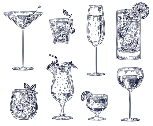 Hand drawn cocktails. Sketch alcohol drinks in glasses. Beverage such as cherry cocktail, champagne and pina colada, strawberry mojito, wine for restaurant, cafe, bar menu vector illustration set.