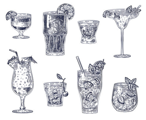 Sketch cocktails. Alcoholic drinks, cocktails. Pina colada, americano and vodka, cherry cocktail and margarita, sangria for menu vector set. Alcohol cocktail, drink margarita and beverage illustration