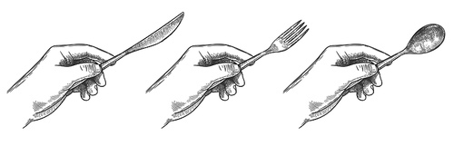 Engraved hands holding cutlery. Hold in hand table knife, spoon and fork for eating food hand drawn vector illustration set. Tableware usage rules concept. Etiquette manners for eating food