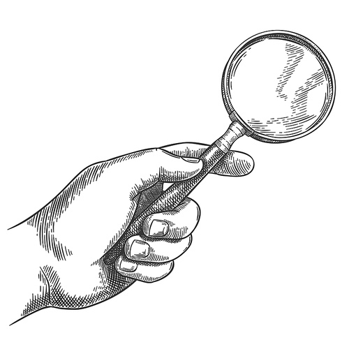 Engraved hand holding magnifying glass. Retro hand drawn detective magnifier, search sketch and antique loupe vector illustration. Male hand holding vintage equipment tool with glass for enlarging