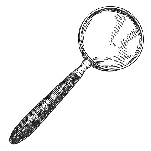 engraved magnifying glass. retro magnifier sketch, vintage detective search equipment and hand drawn loupe. optical instrument or tool with glass lens isolated on white  vector illustration.