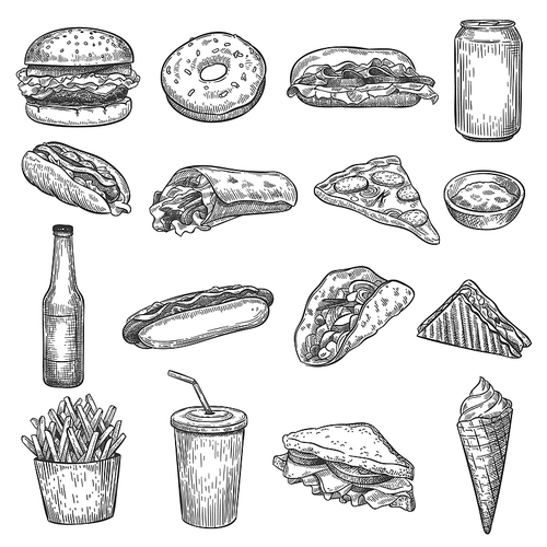 Fast food sketch. Pizza, donut and ice cream, french fries and hamburger. Taco, cola and hot dog, burrito and cheeseburger vector doodle set. Hand drawn junk food elements for fabric