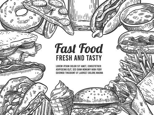 Fast food sketch. Hand drawn hot dog, pizza and donuts, burger and fries, ice cream and cola. Junk food, special offer vector poster. Illustration sketch menu hamburger, restaurant fast food
