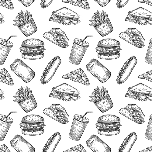 Fast food seamless pattern. Hand drawn pizza, burger and fries, hot dog, hamburger and cola for fast food menu wallpaper vector texture. Sketch junk meal and soda drink for menu design