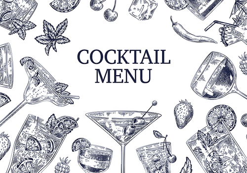 Sketch cocktail background. Different alcoholic cold drinks cocktails as strawberry beverage, mojito, wine, pina colada for restaurant and cafe menu, flyer or poster hand drawn vector design.