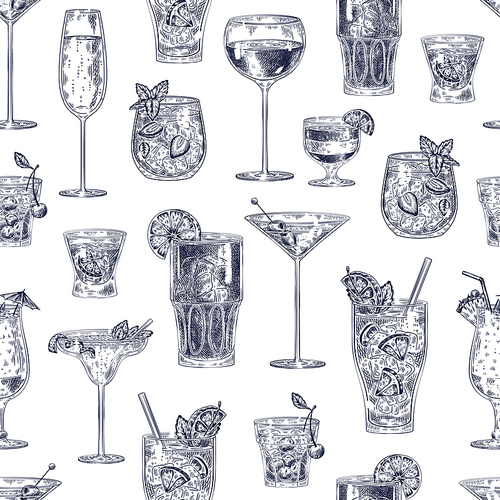 Cocktail seamless pattern. Hand drawn alcohol drinks cocktails with different glasses and goblets wallpaper bar menu vintage vector texture. Sketch beverage as cherry cocktail, champagne, pina colada