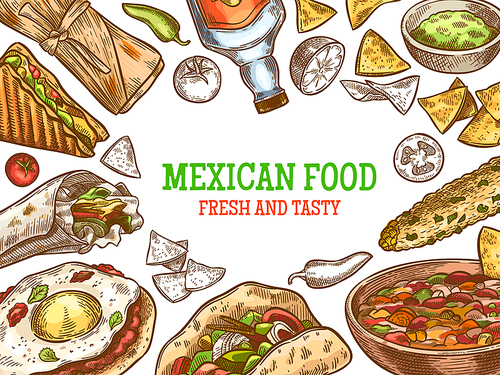 Mexican food. Hand drawn traditional mexican tequila and dishes, burrito, tacos and nachos, enchilada vintage sketch vector background. Spicy and hot cuisine for cafe or restaurant menu