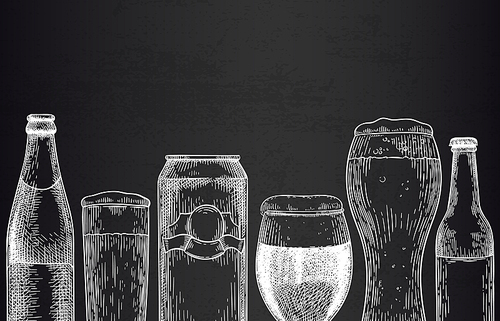 Beer background. Sketch beer glasses, mugs and can, bottles with beer. Hops drink design for promotion poster engraving vector template. Bar or pub advertisement. Alcohol beverage with foam